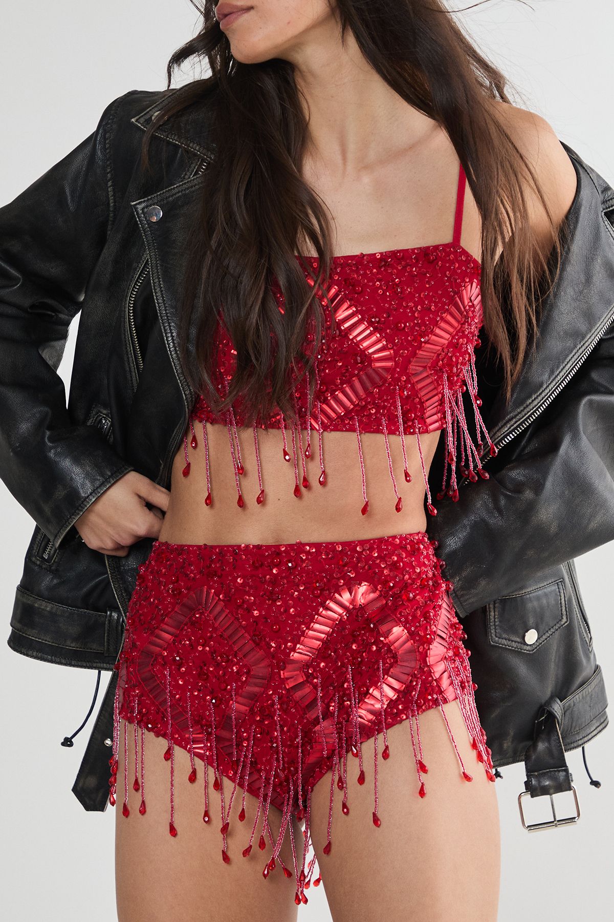 NastyGal Diamante Embellished Tassel Beaded Crop Top Red image 3