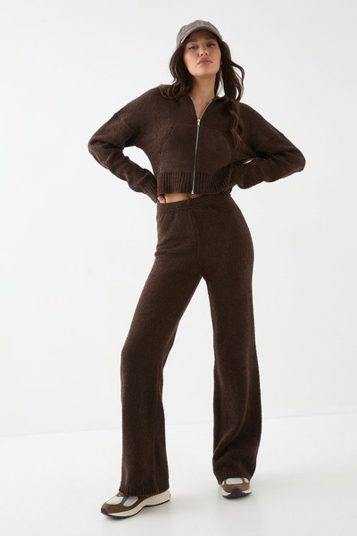 MissPap Boucle Knitted Hoodie and Trouser Co Ord Chocolate
