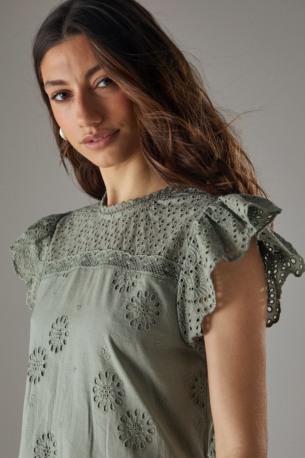 Warehouse Broderie Mix Tier Mini Smock Dress Khaki image 3