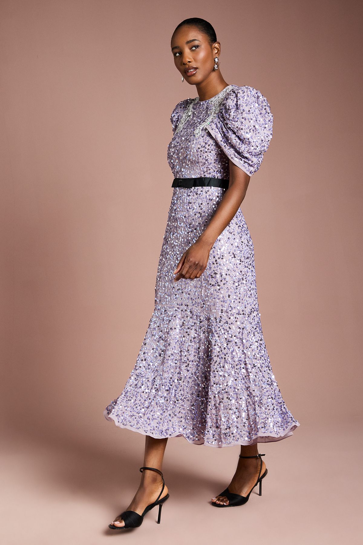 Coast Sequin Embellished Puff Sleeve Midi Dress Lilac image 1
