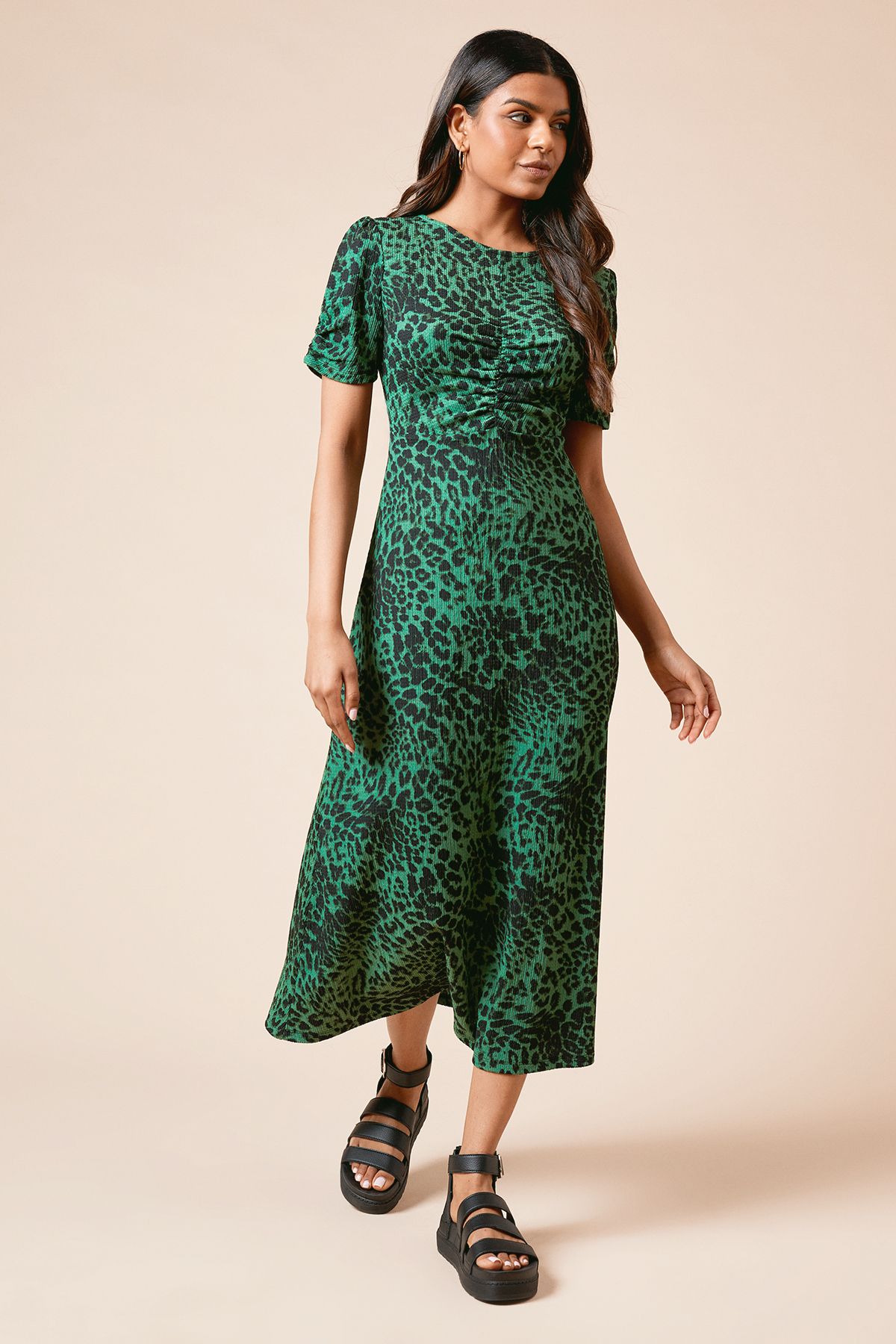 Dorothy Perkins Petite Animal Ruched Sleeve Jersey Midi Dress Animal image 2