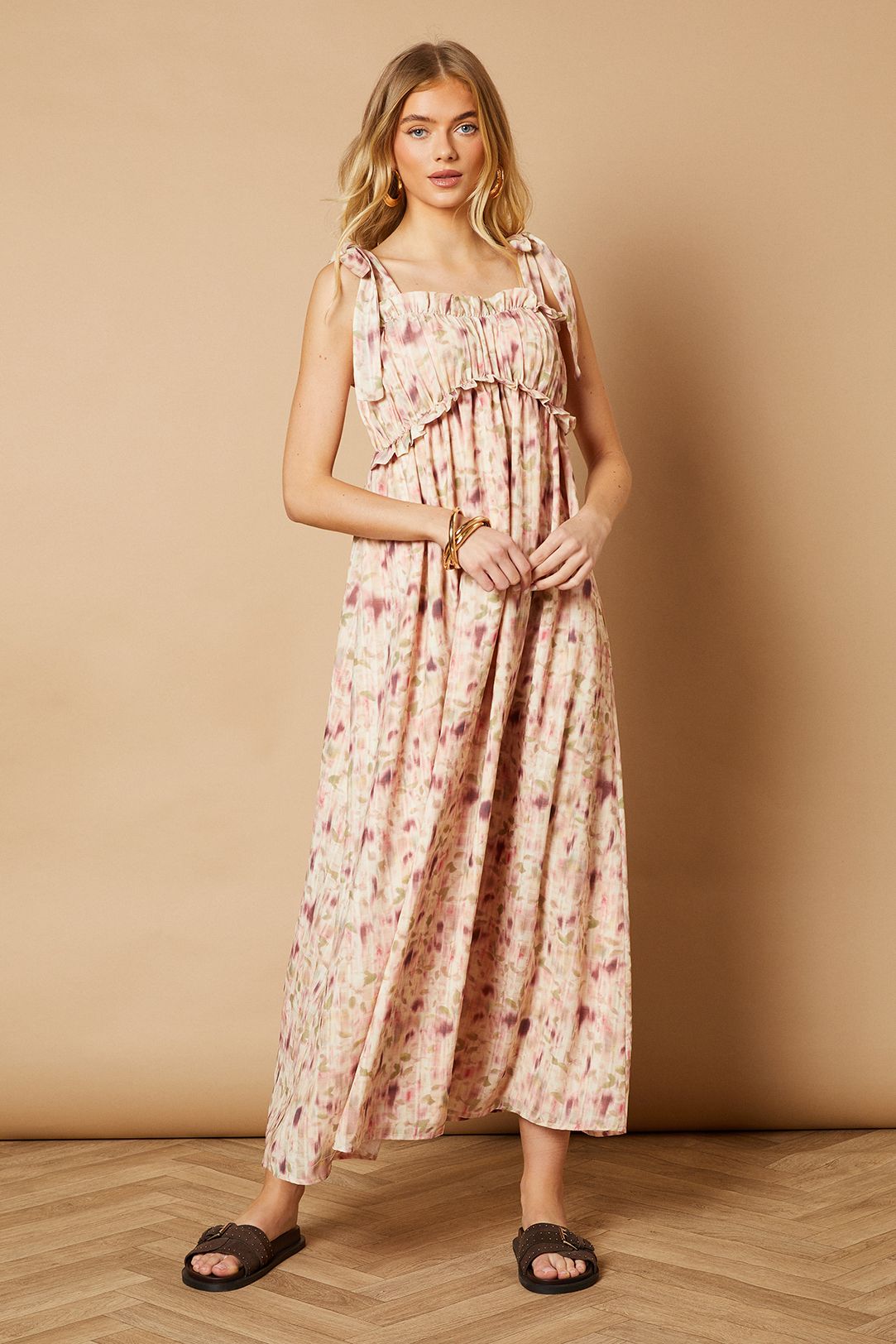 Oasis Printed Shirred Back Strappy Midi Dress Blush image 1