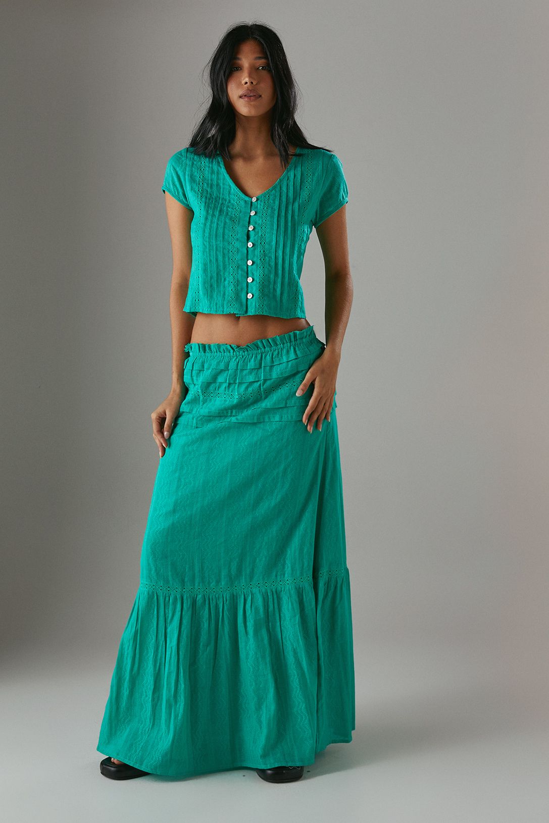 Warehouse Cotton Dobby Trim Insert Boho Skirt Green image 2