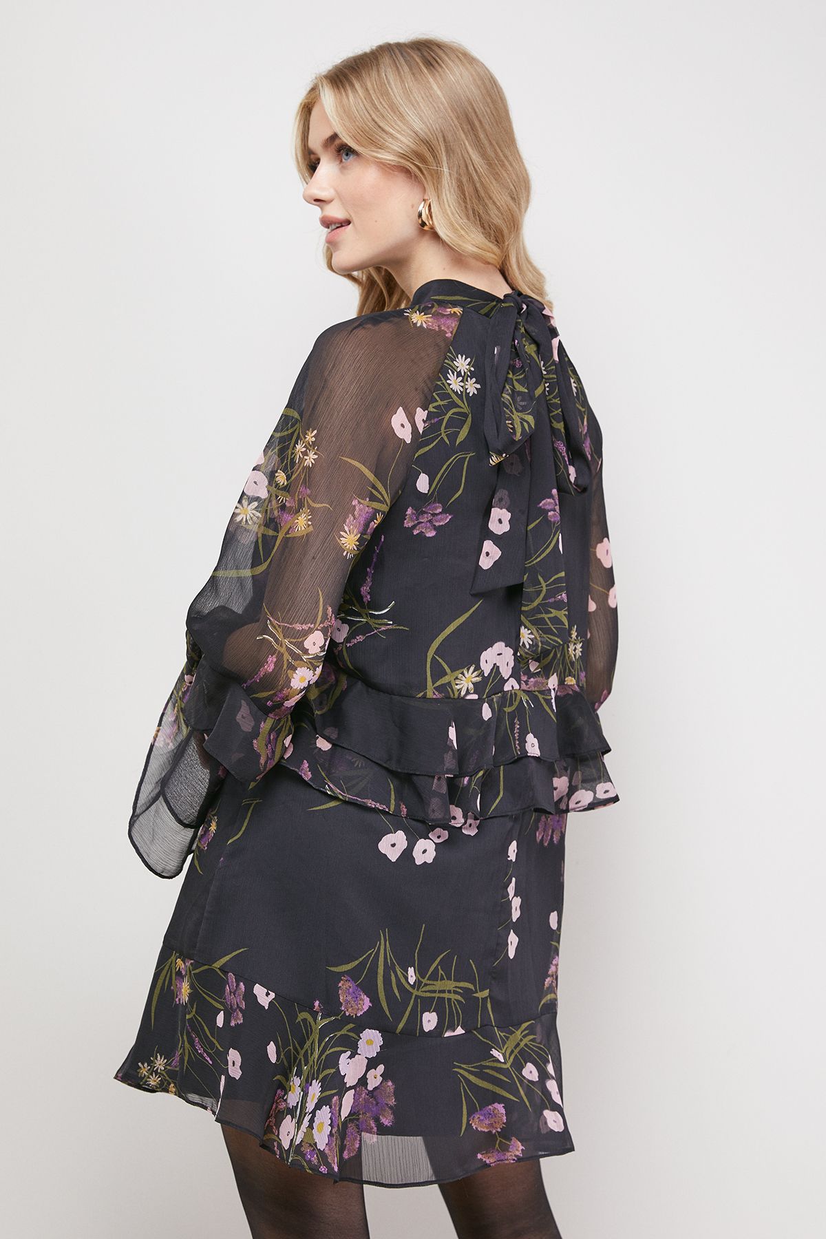 Oasis Layered Ruffle Sleeve Bow Back Mini Dress Floral image 3