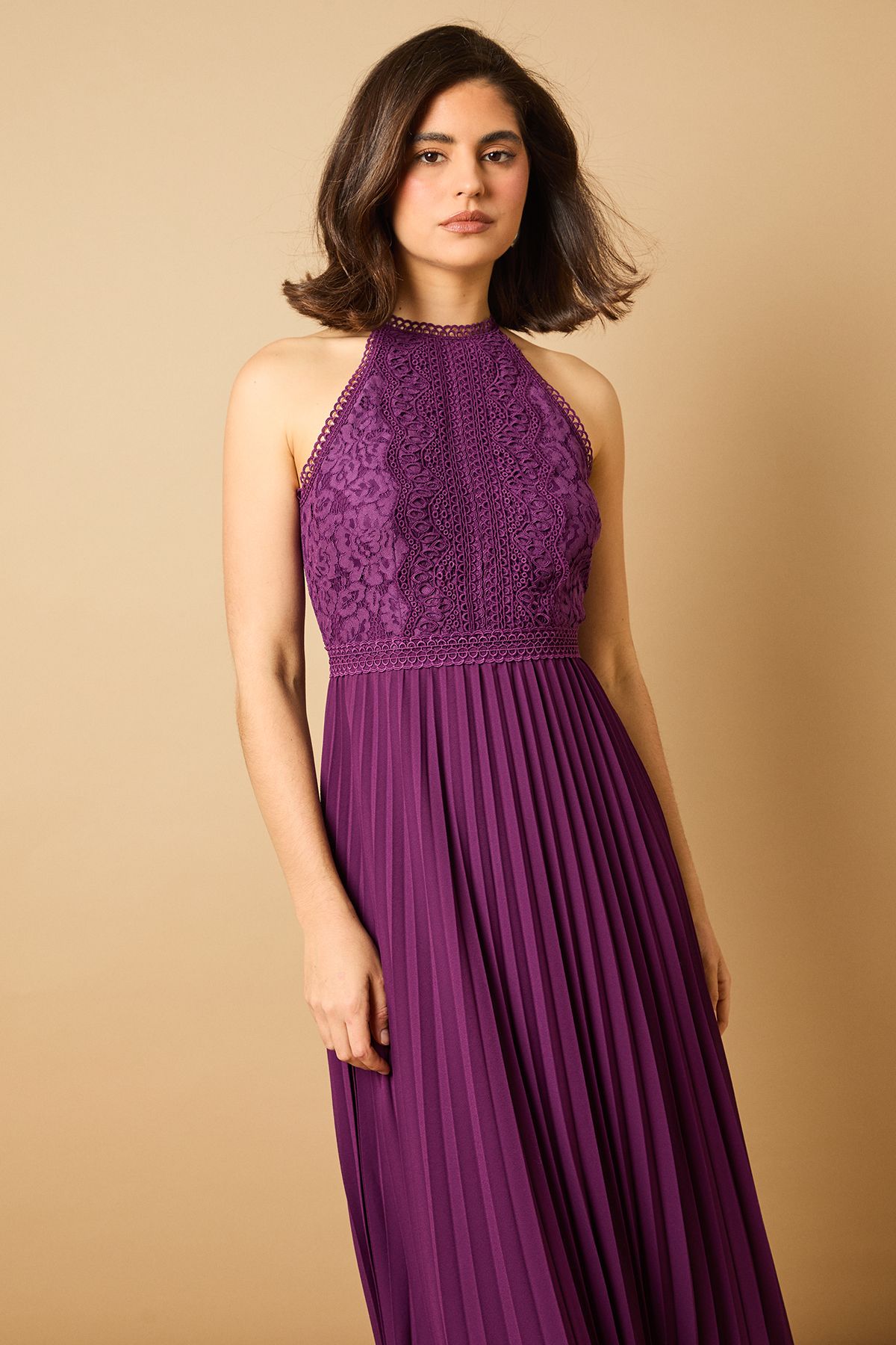 Oasis Plain Lace Mix Halterneck Midi Dress Purple image 2