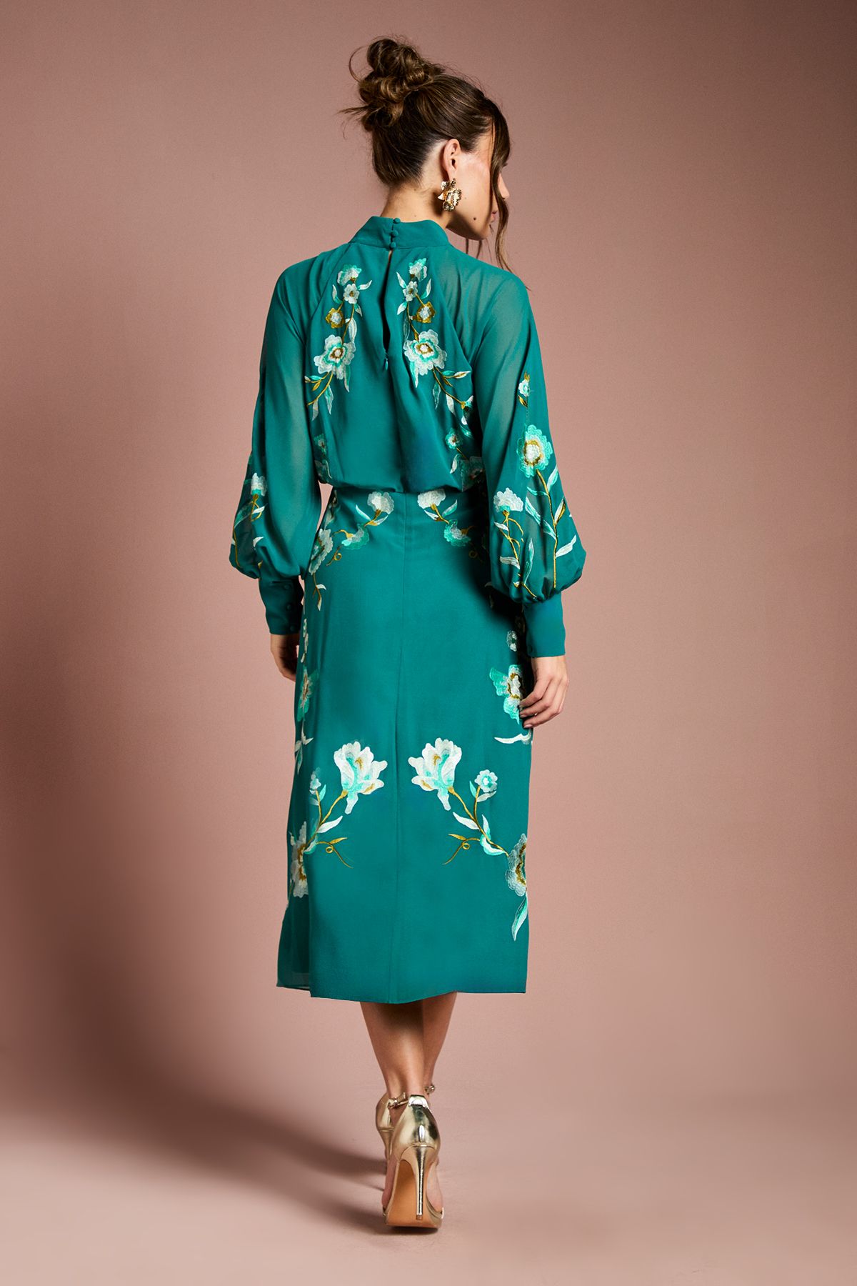 Coast High Neck Long Sleeve Floral Embroidered Midi Dress Teal image 3