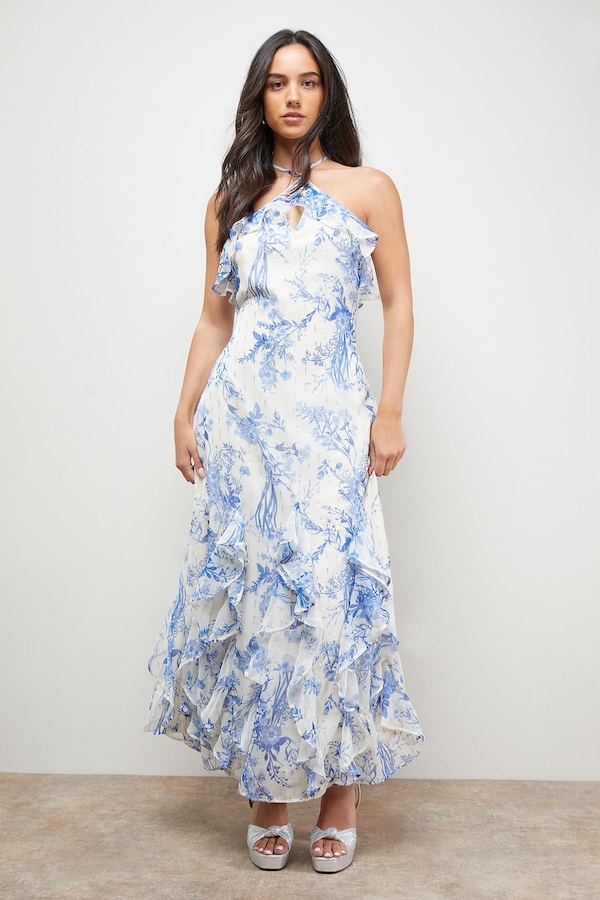 Oasis Halterneck Spaghetti Strap Maxi Dress Blue