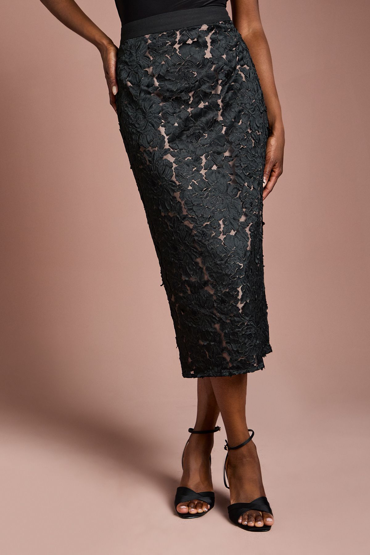 Coast Cutwork Embroidered Mesh Pencil Skirt Black image 2