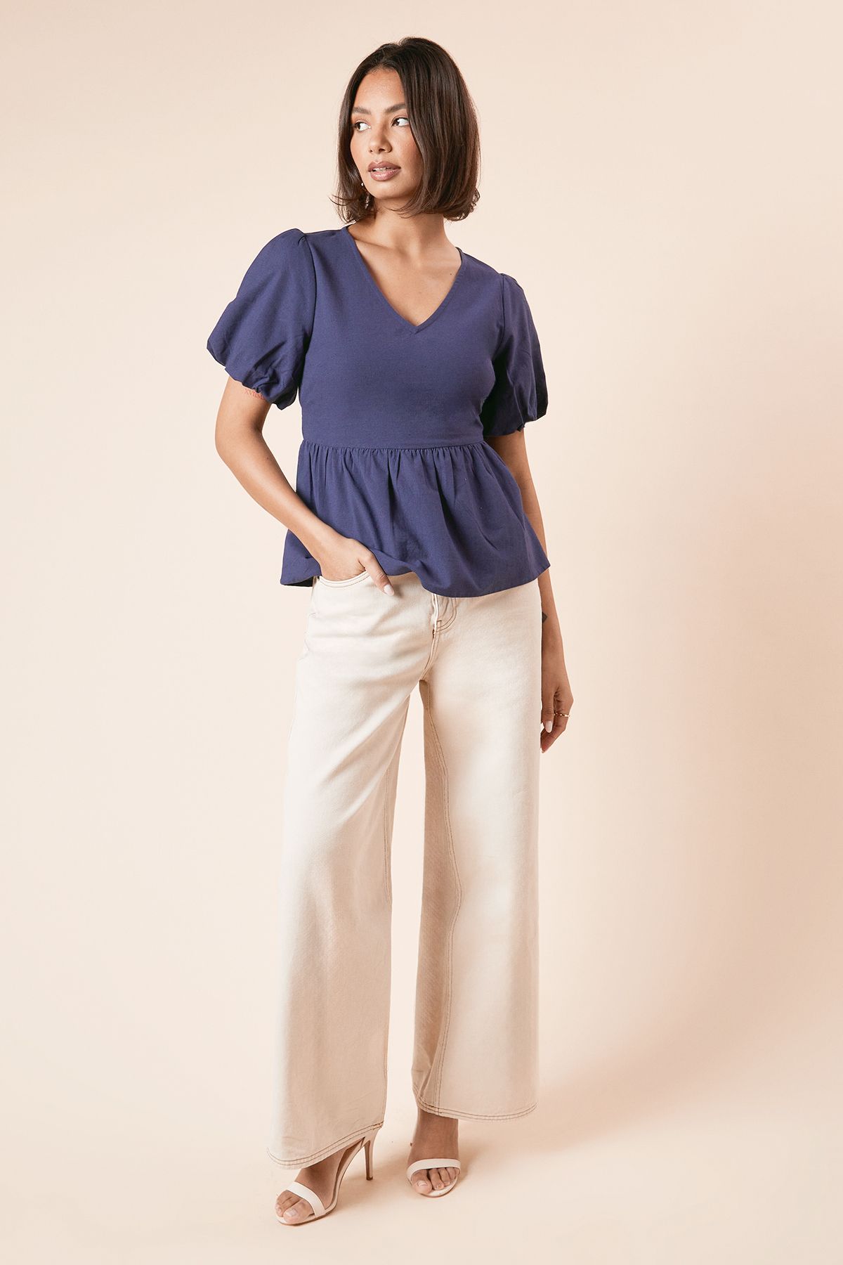 Dorothy Perkins Tie Back Puff Sleeve Linen Blouse Navy image 2