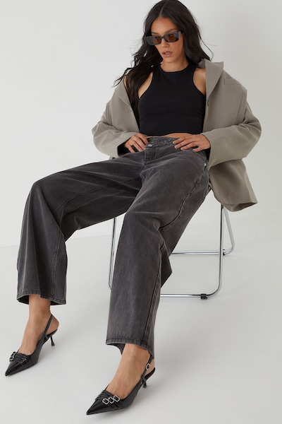 MissPap Asymmetric Wide Leg Washed Denim Jeans Washed Black