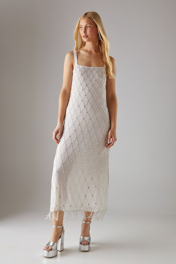 Warehouse Hand Embellished Strappy Sequin Fringe Hem Midi Dress Ivory