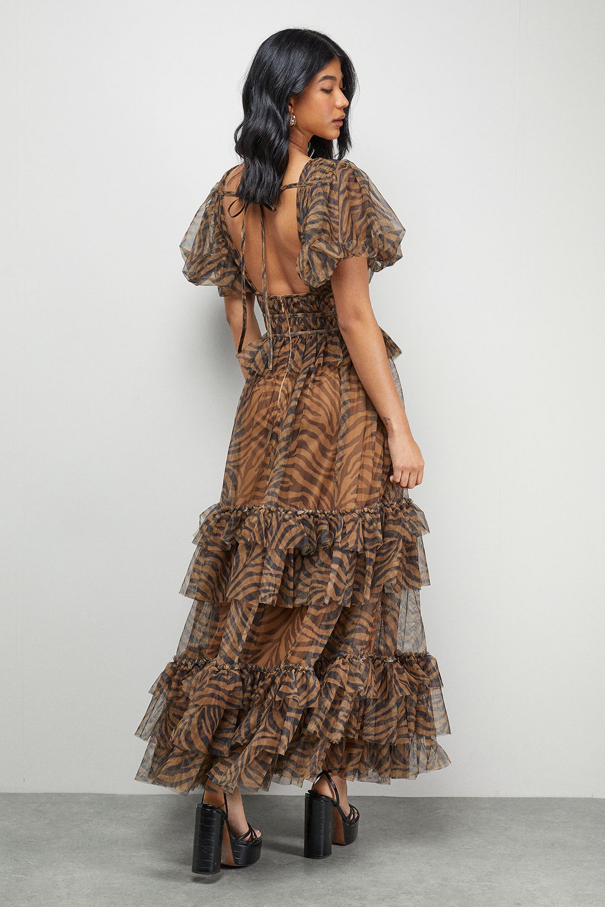 Warehouse Zebra Print Tulle Ruffle Maxi Dress Animal image 3