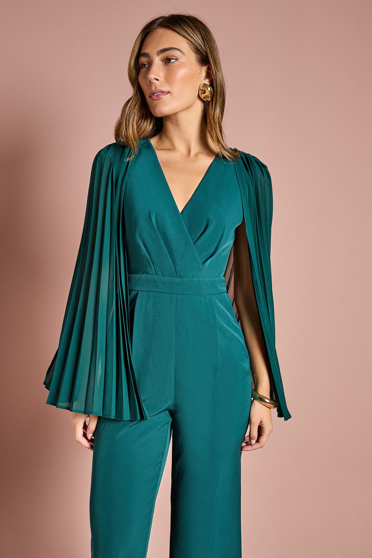 Coast V Neck Pleated Long Sleeve Jumpsuit Emerald image 2