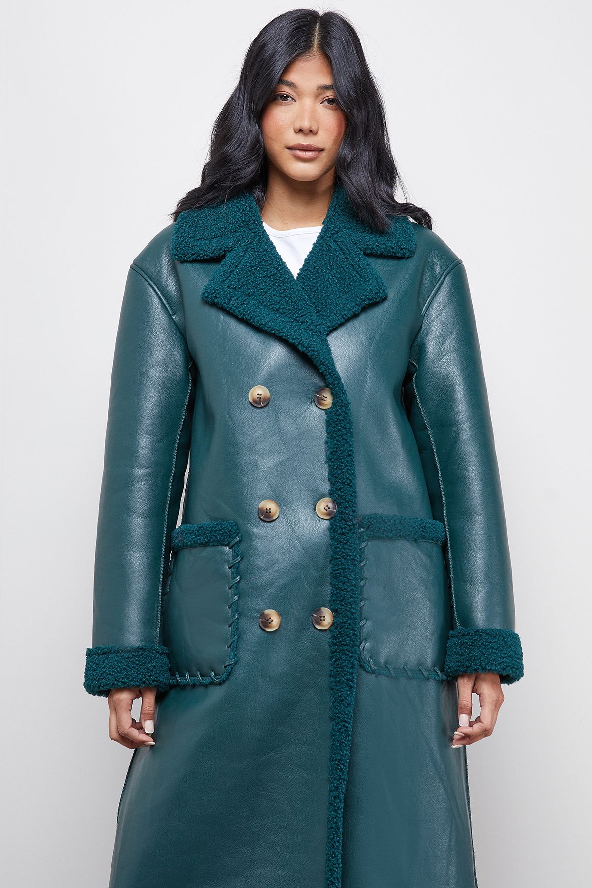 Warehouse Whipstitch Faux Leather Shearling Coat Petrol image 2
