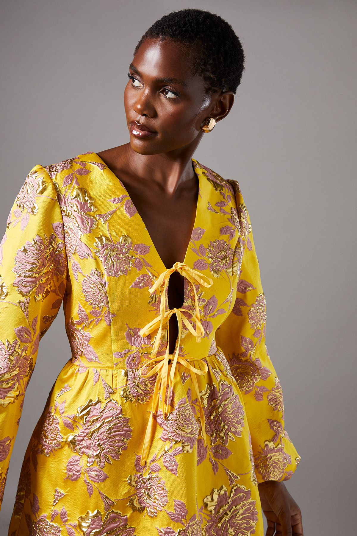 Coast Metallic Jacquard Long Sleeve Mini Dress Yellow image 4