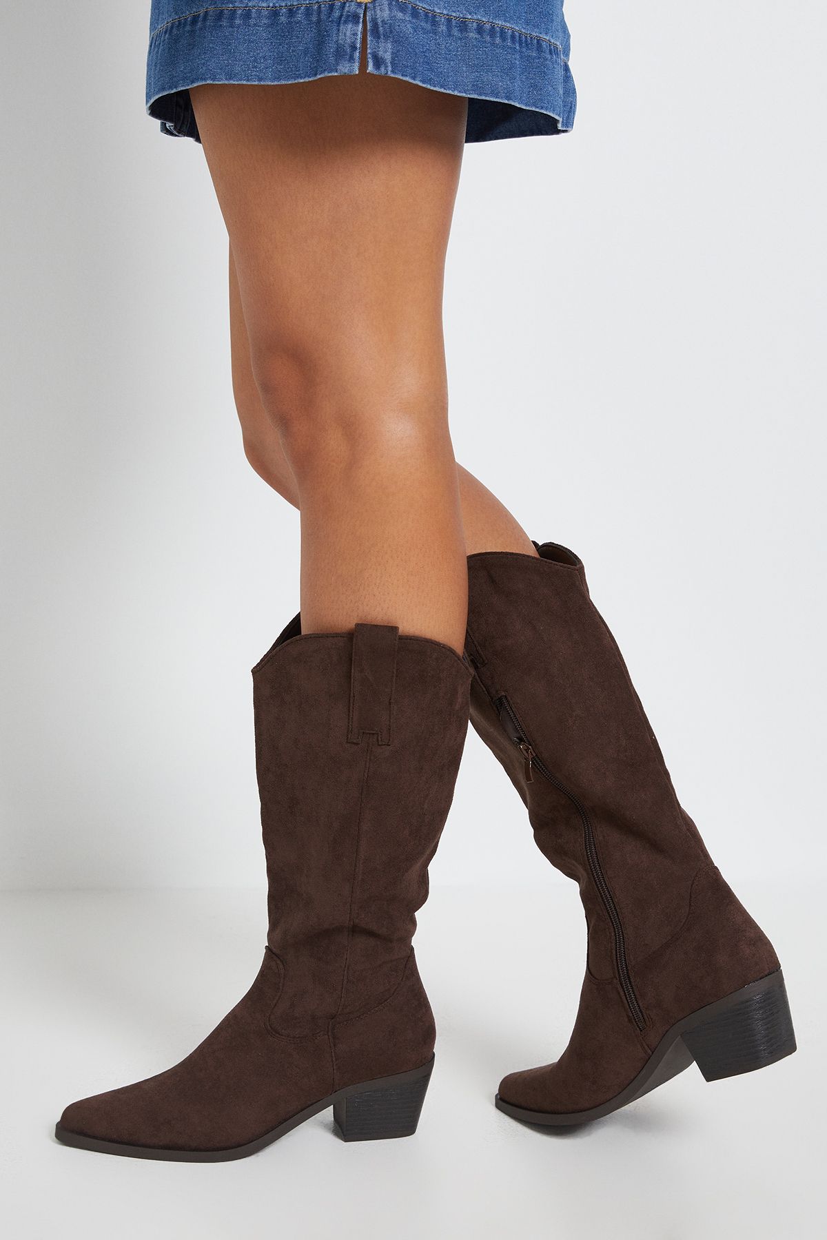 Dorothy Perkins Maya Faux Suede Western Calf Boots Chocolate image 1