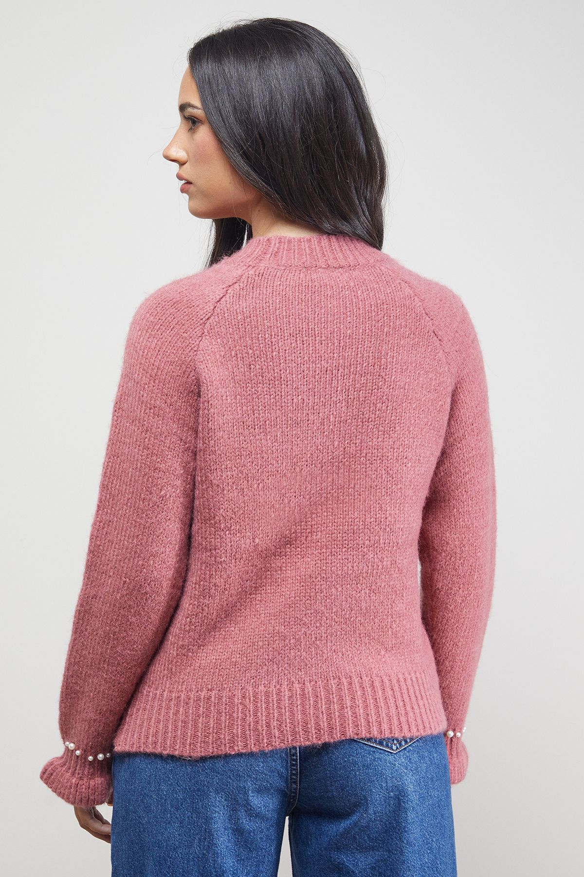 Oasis Pearl Detail Frill Cuff Jumper Rose image 3