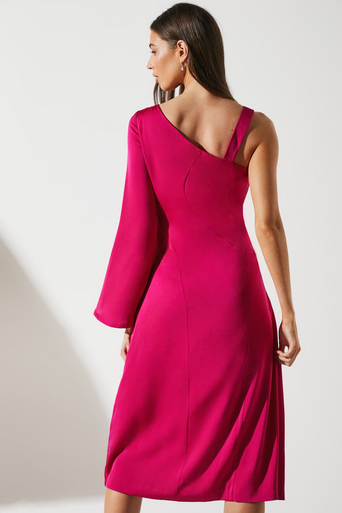 Coast One Shoulder Satin Midi Wedding Guest Dress Hot Pink image 3