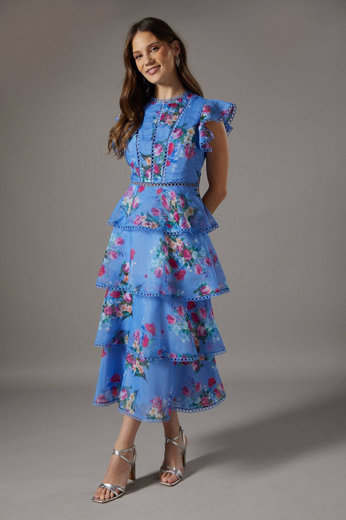 Coast Lace Trim Tiered Organza Midi Dress Blue