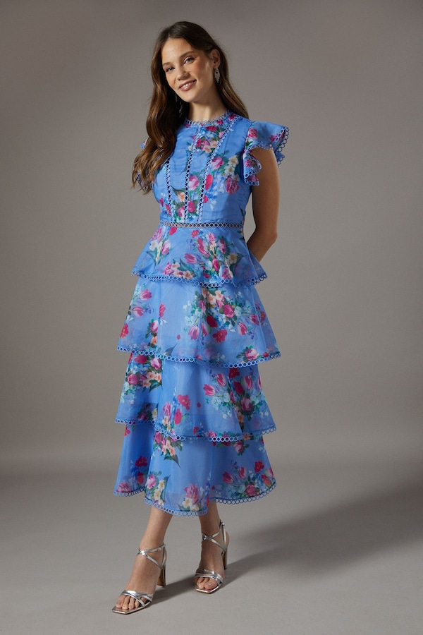 Coast Lace Trim Tiered Organza Midi Dress Blue