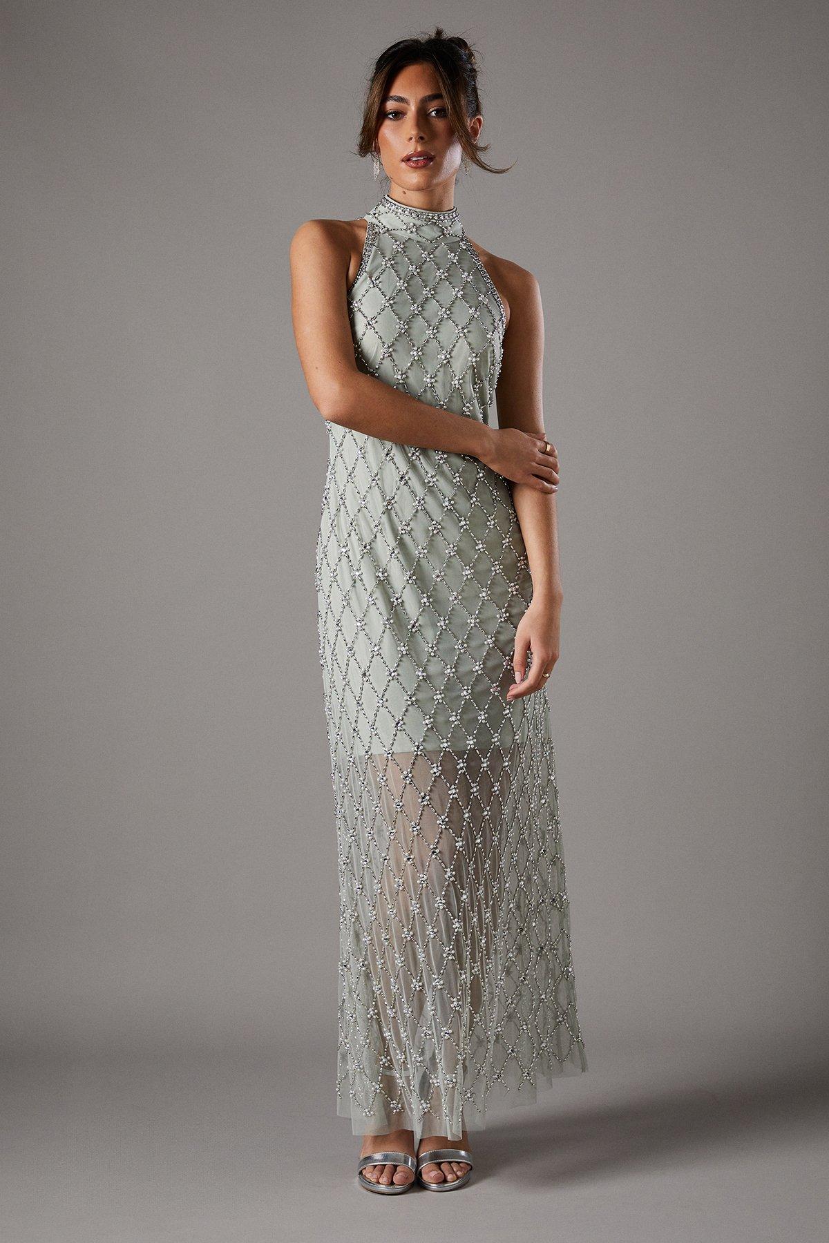 Coast All Over Embellished High Neck Dress Sage image 1