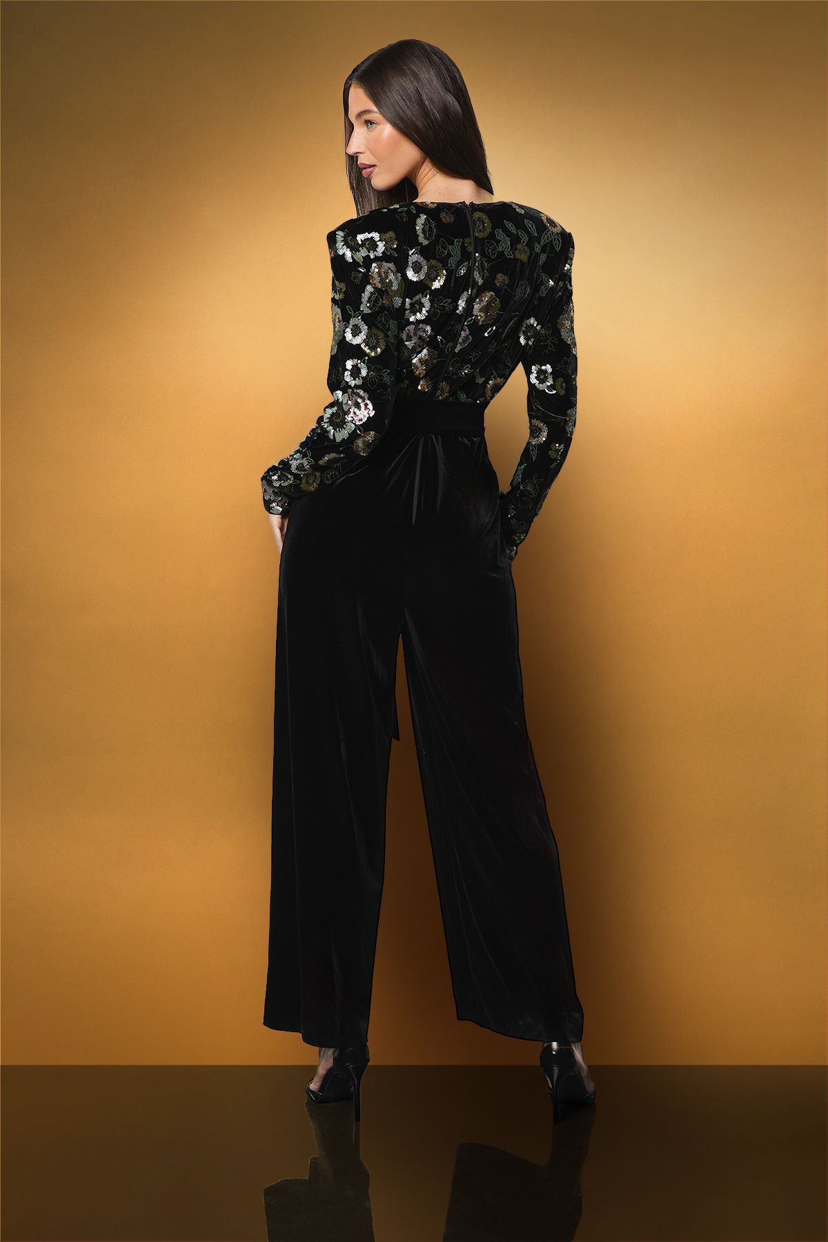 Coast Long Sleeve Beaded Floral Wide Leg Velvet Jumpsuit Black image 3