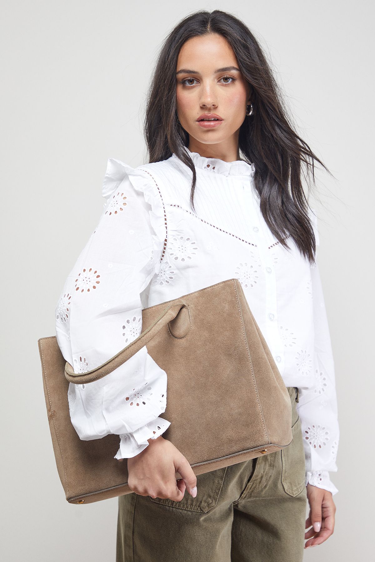 Oasis Claudia Suede Tote Bag With Pocket Taupe image 2