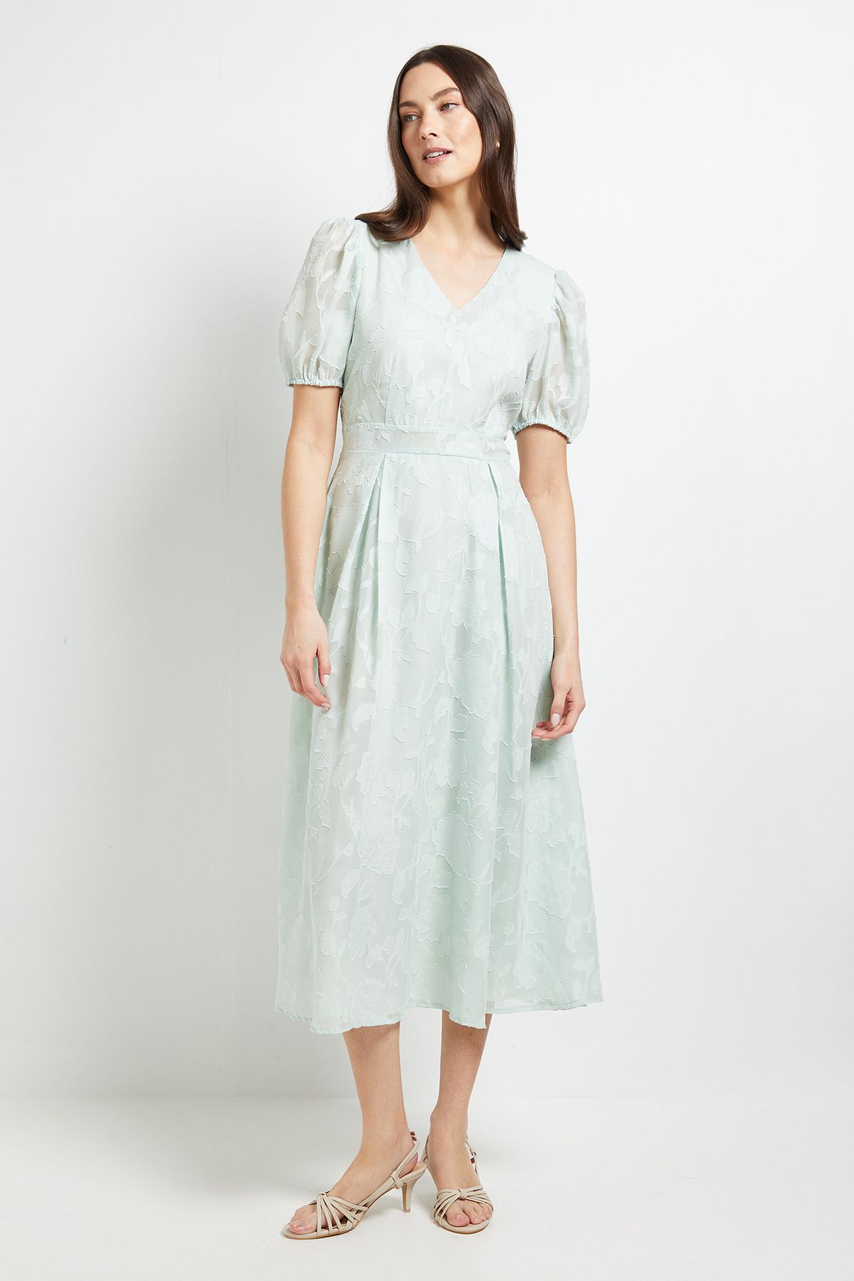 Principles Floral Jacquard Puff Sleeve Midi Dress Sage