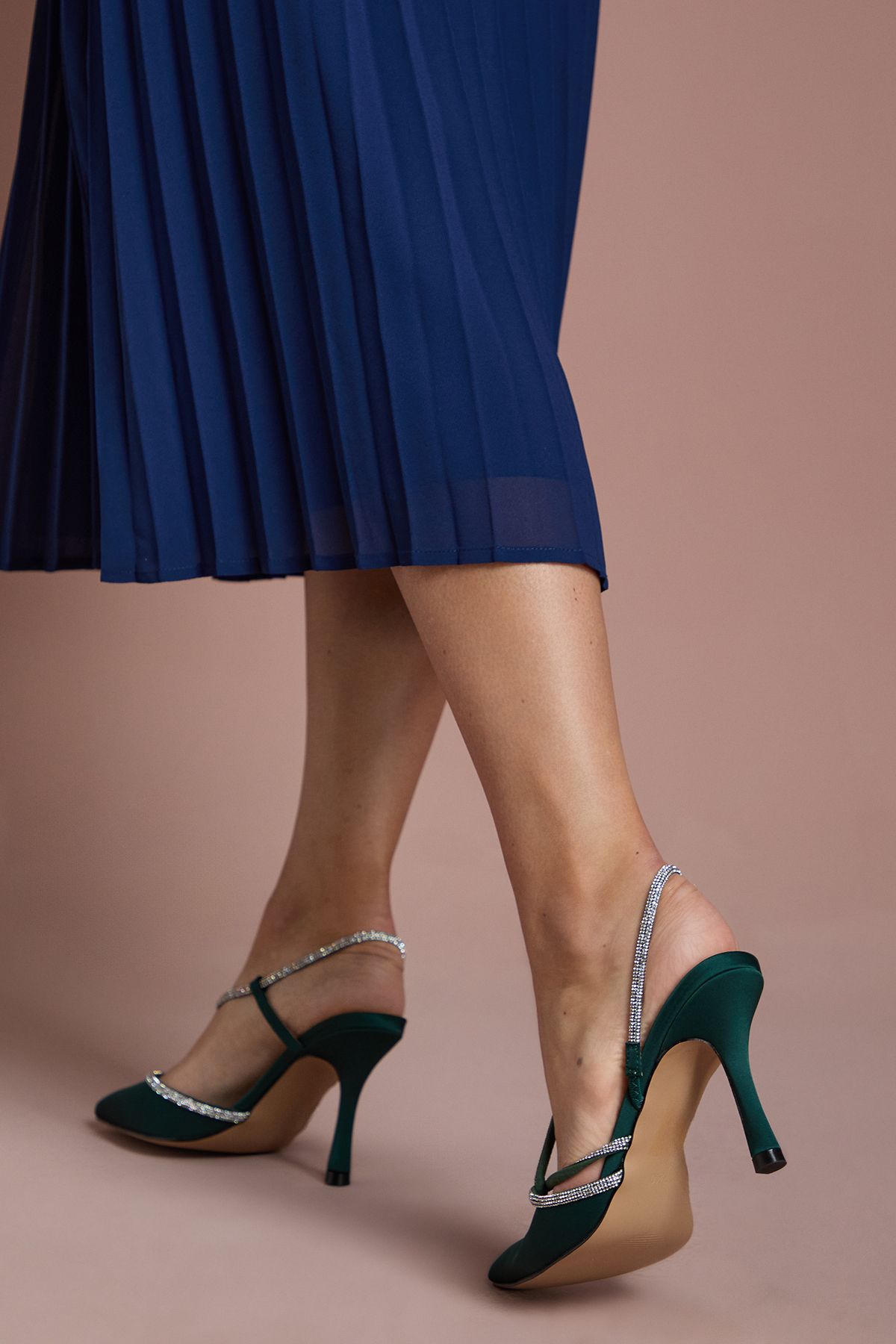 Coast Kimmie Satin Diamante Asymmetric Strap Pointed High Stiletto Heel Court Shoes Emerald image 4