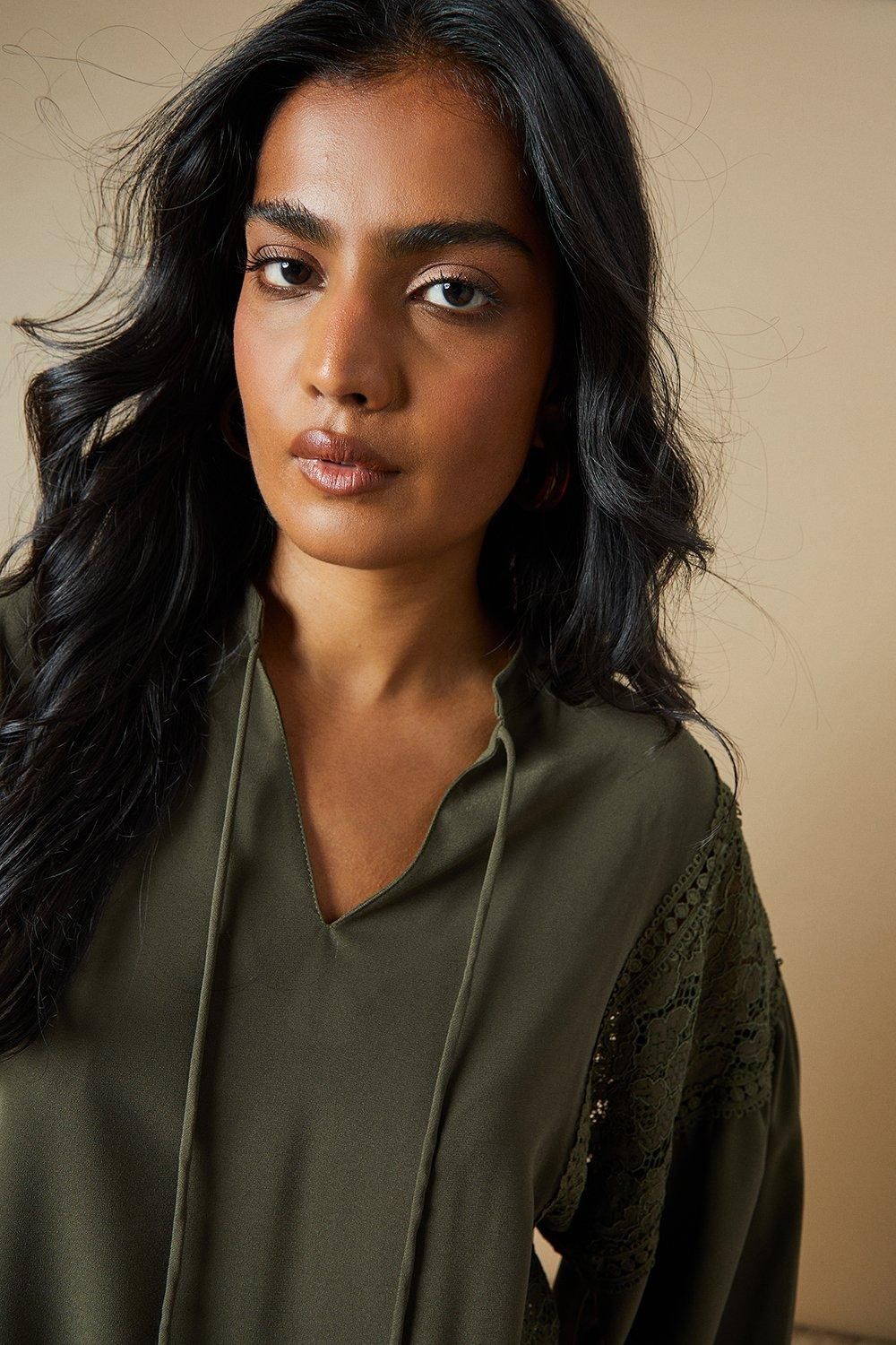 Oasis Lace Trim Tie Neck Crepe Blouse Tan image 4