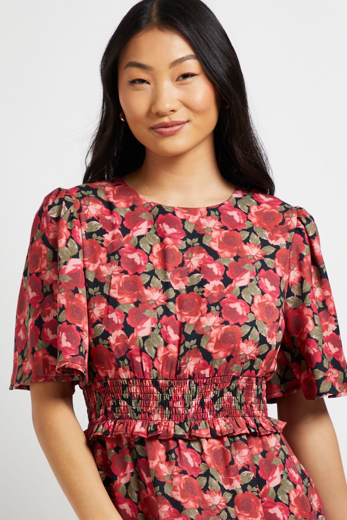 Dorothy Perkins Petite Red Floral Shirred Waist Angel Sleeve Tiered Maxi Dress Red image 4