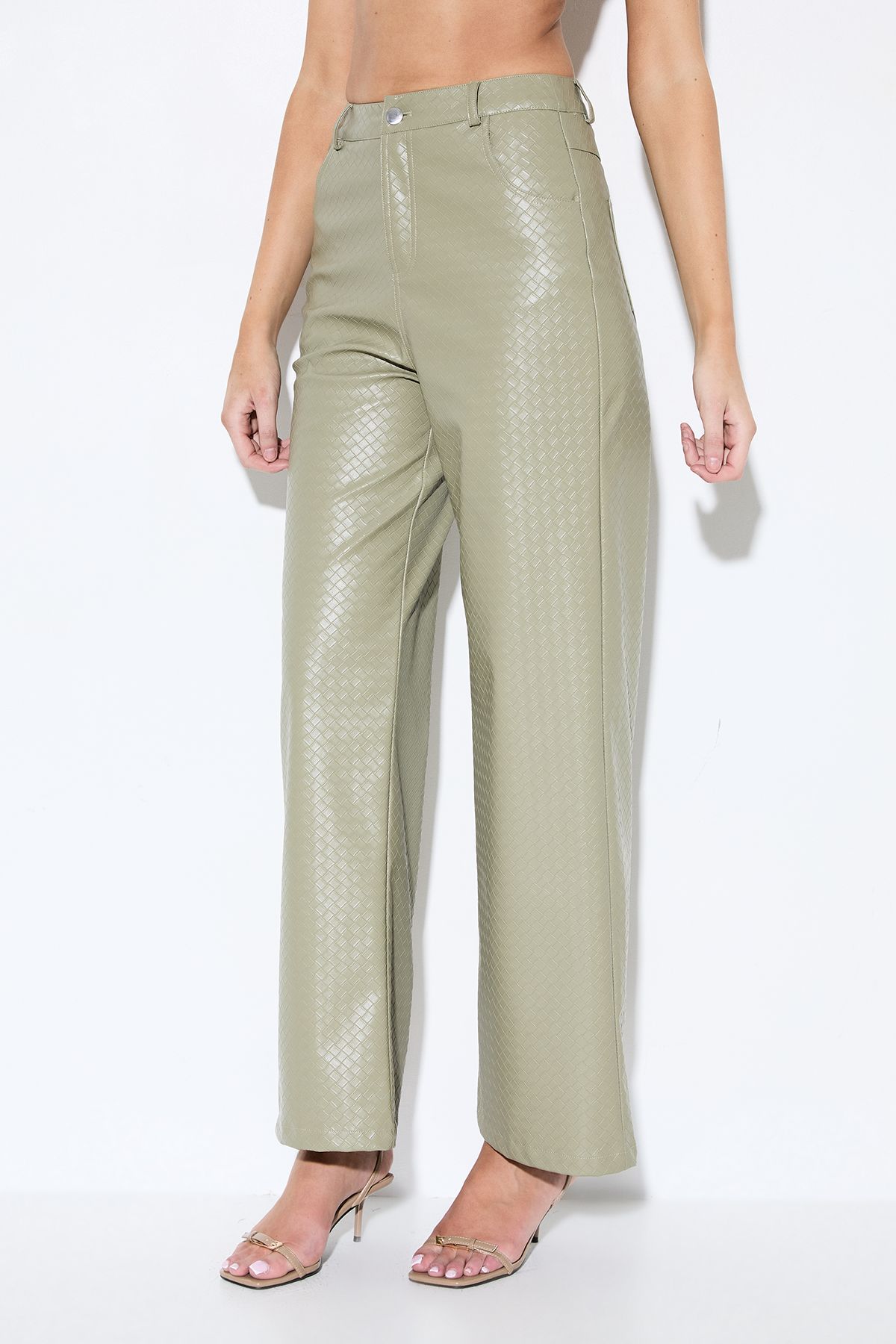 MissPap Woven Detail Faux Leather Trouser Olive image 2