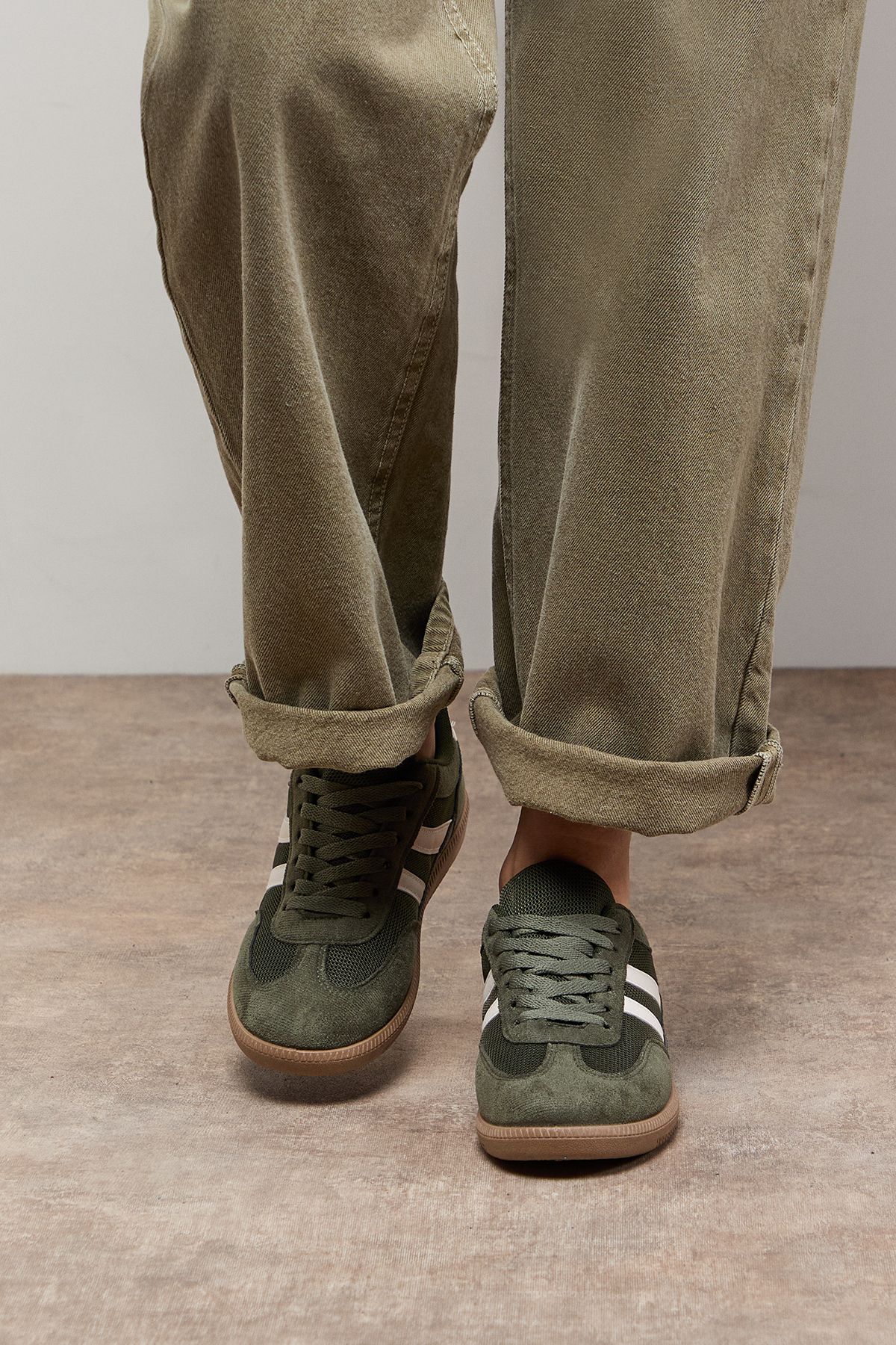 Oasis Jenna Faux Suede Mesh Detail Lace Up Trainers Khaki image 3