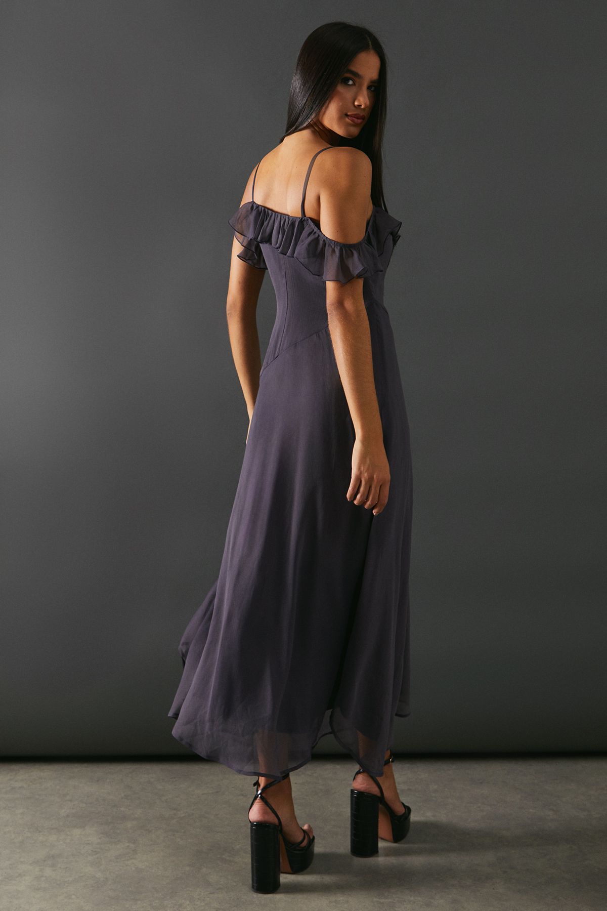 Warehouse Chiffon Asymmetric Hem Bias Ruffle Strappy Midaxi Dress Charcoal image 3