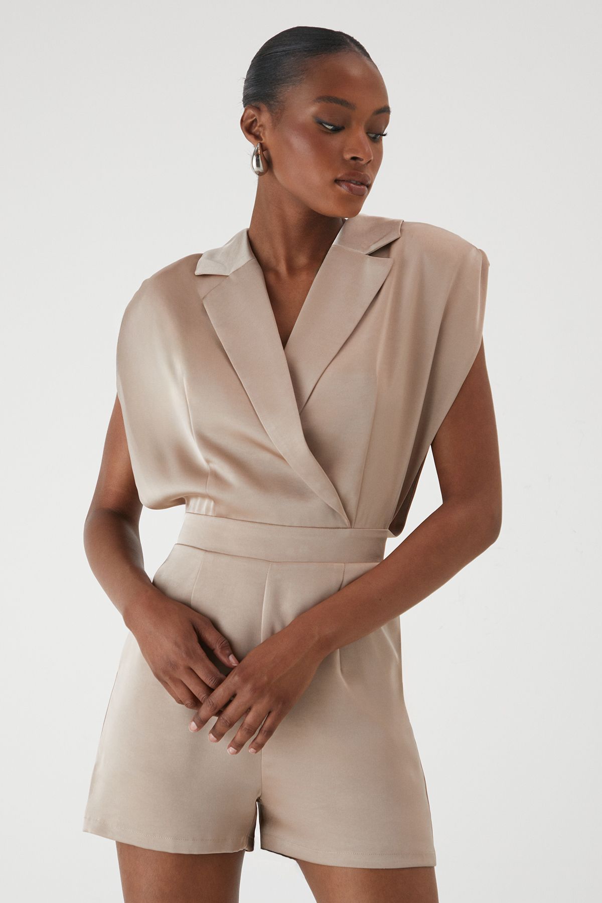 MissPap Premium Satin Padded Shoulder Playsuit Champagne image 4