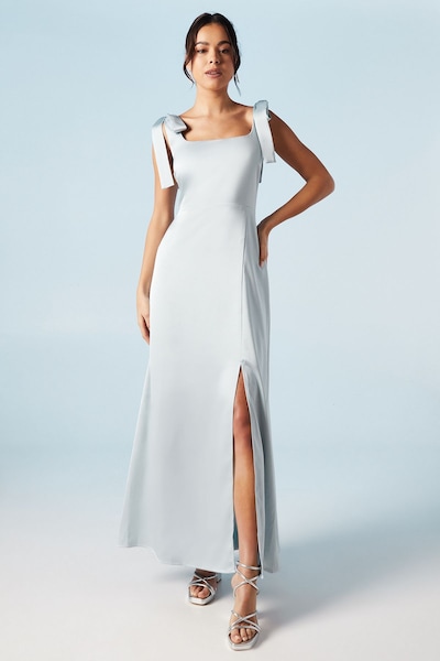 Oasis Satin Tie Shoulder Midi Bridesmaid Dress Light Blue