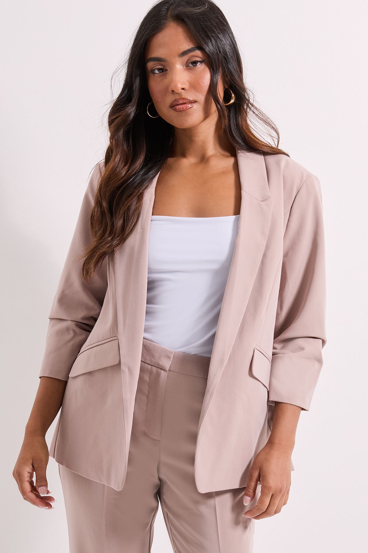 Dorothy Perkins Petite Ruched Sleeve Blazer Stone image 1