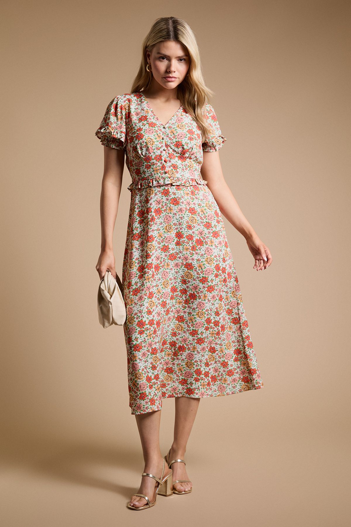 Dorothy Perkins Ruffle Detail Puff Sleeve Midaxi Dress Orange