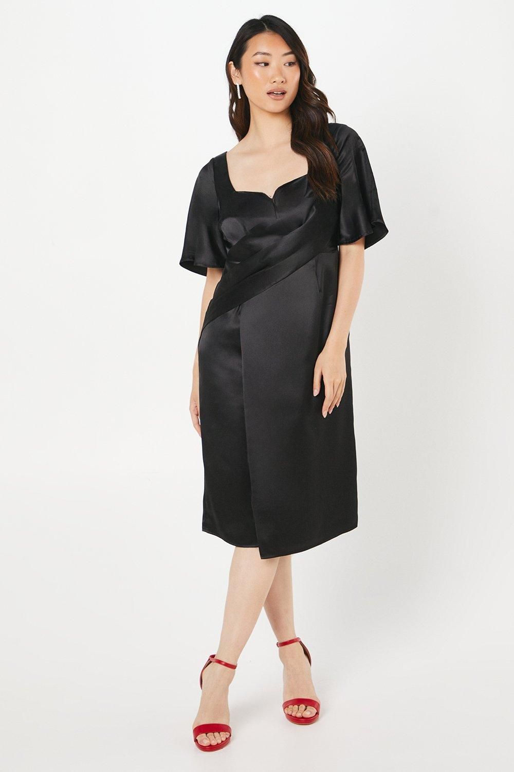 Coast Petite Satin Wrap Waist Flutter Sleeve Midi Wedding Guest Dress Black image 1