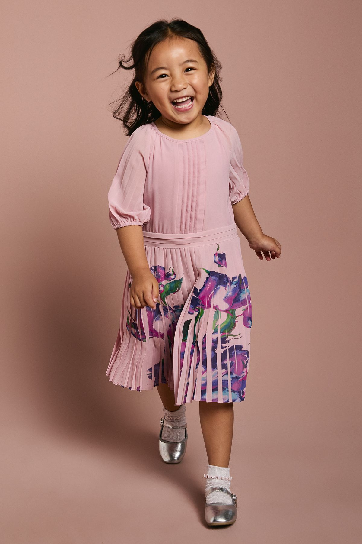 Coast Children's Pleat Skirt Placement Print Short Sleeve Dress Pink image 1