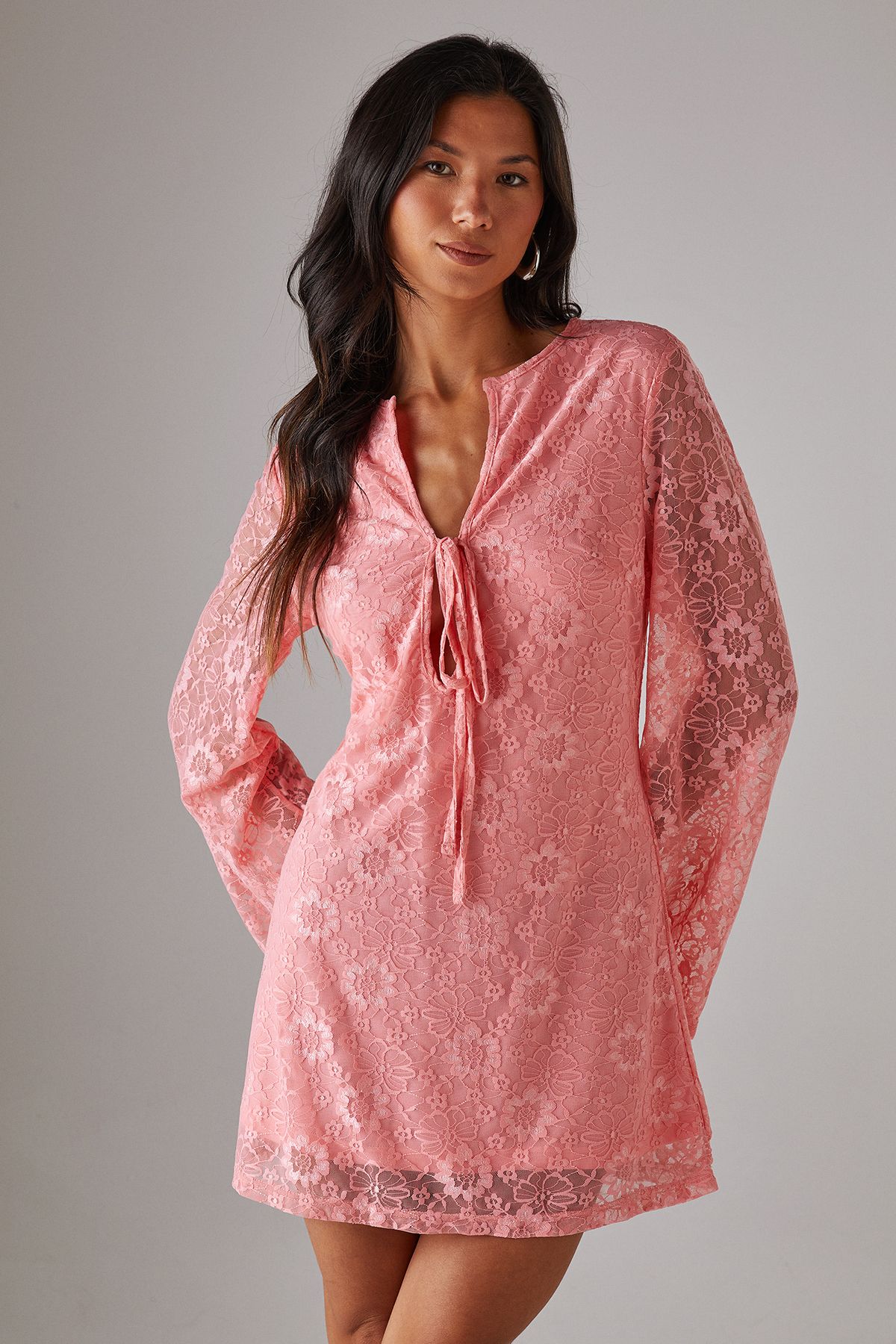 Warehouse Lace Tie Front Flare Sleeve Mini Dress Pink image 1