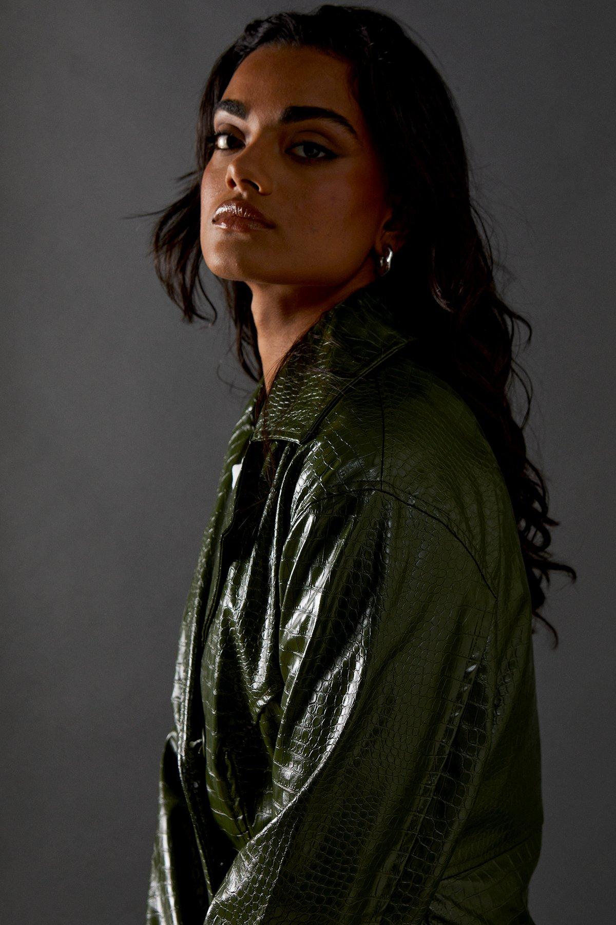 Warehouse Croc Waist Detail Faux Leather Jacket Green Olive image 4