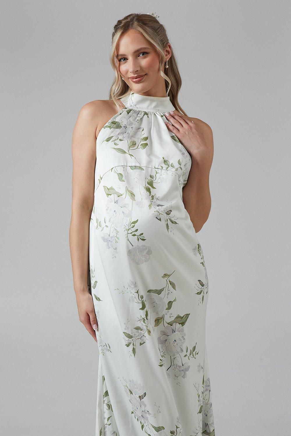 Coast Maternity Dahlia Printed Halterneck Bridesmaid Maxi Dress Sage image 2