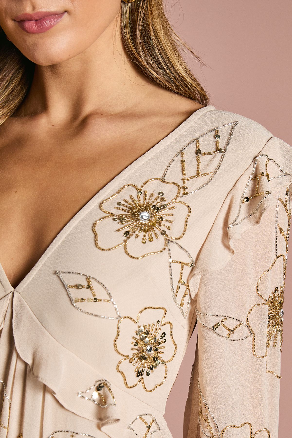 Coast V Neck Embellished Flower Tiered Georgette Midi Dress Ivory image 5