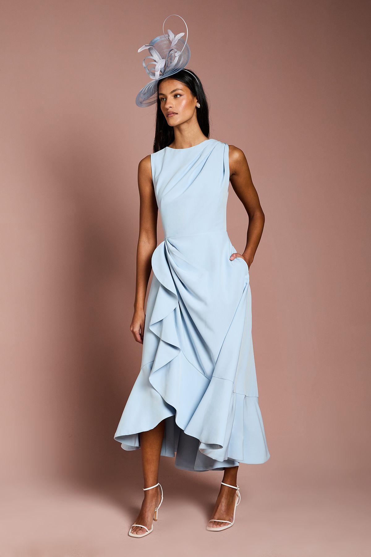 Coast Petite Crepe Ruffle Dress With Low Back Pale Blue image 1