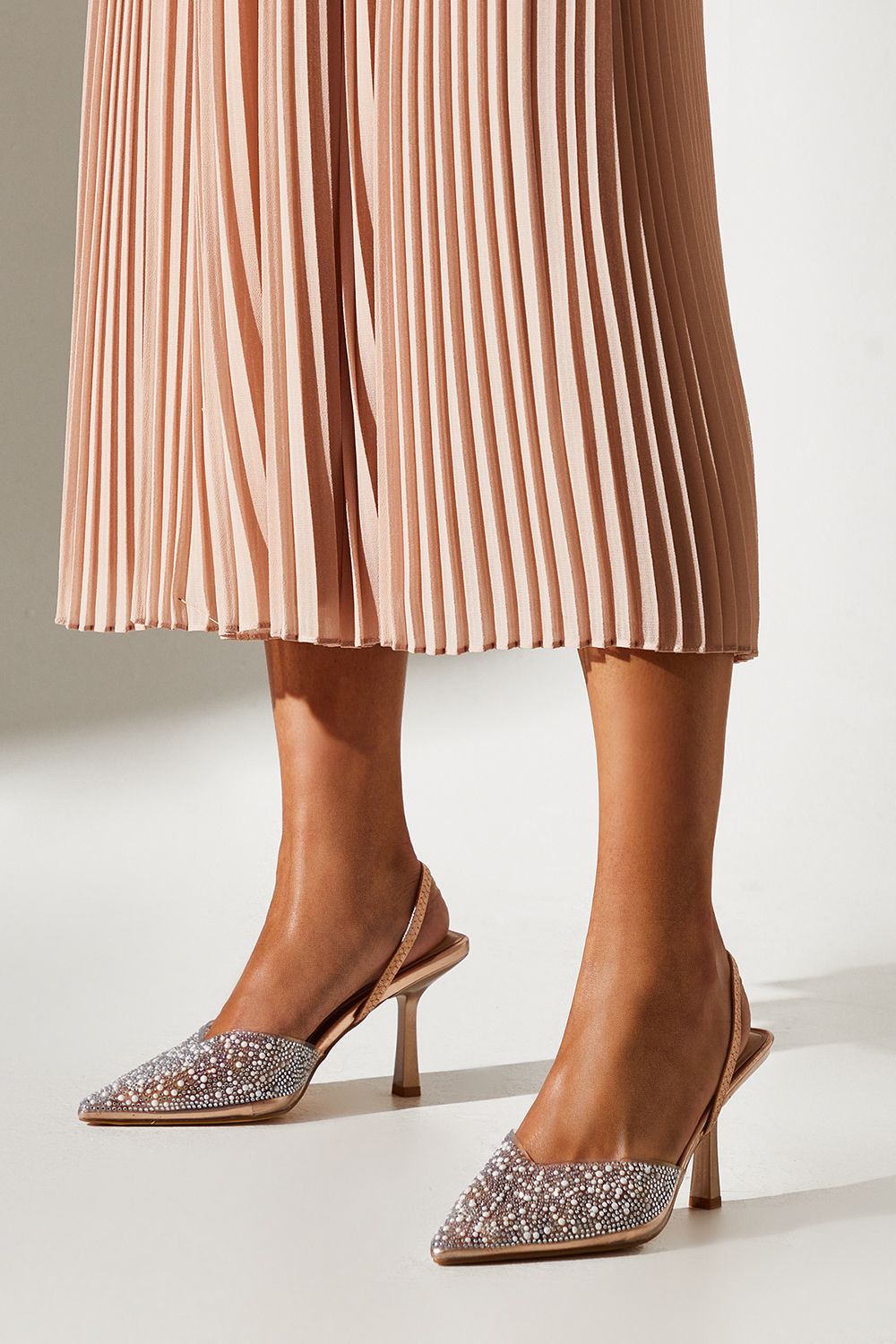 Coast Wide Fit Tilly Diamante And Pearl Sling Back Pointed Court Shoes Rose Gold