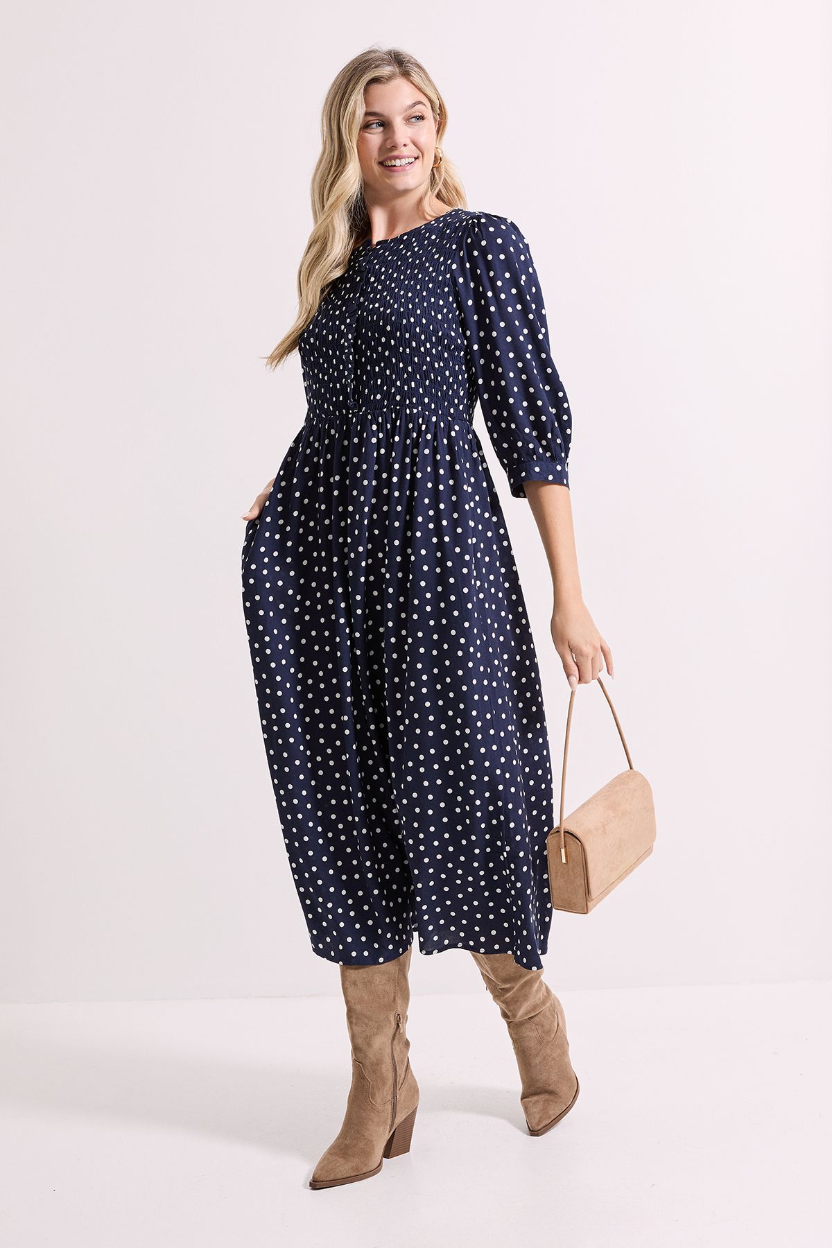 Dorothy Perkins Navy Shirred Bodice Button Detail Midi Dress Navy