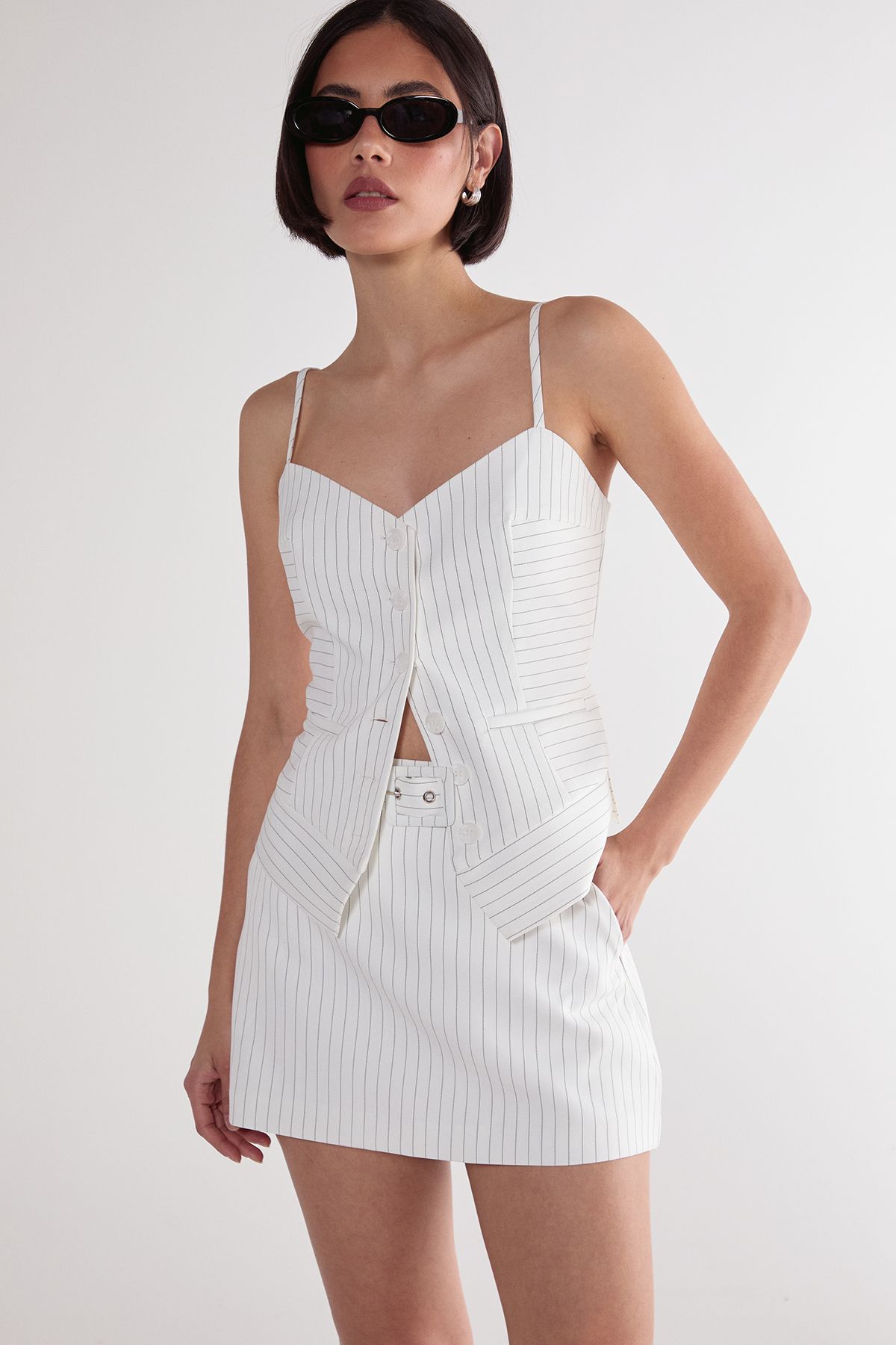 NastyGal Pinstripe Belted Tailored Skort White image 1
