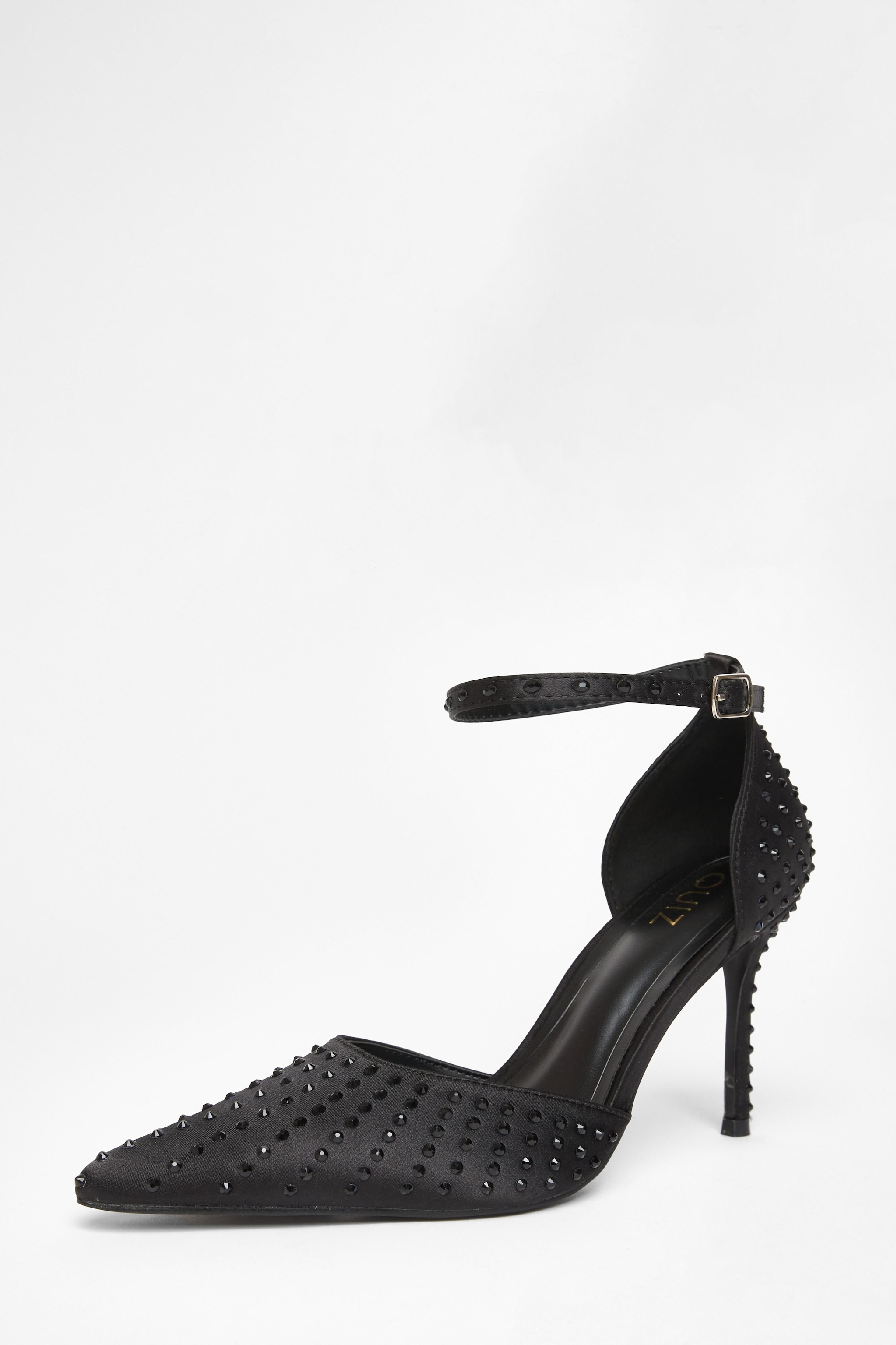 Quiz Black Satin Diamante Court Heels image 1