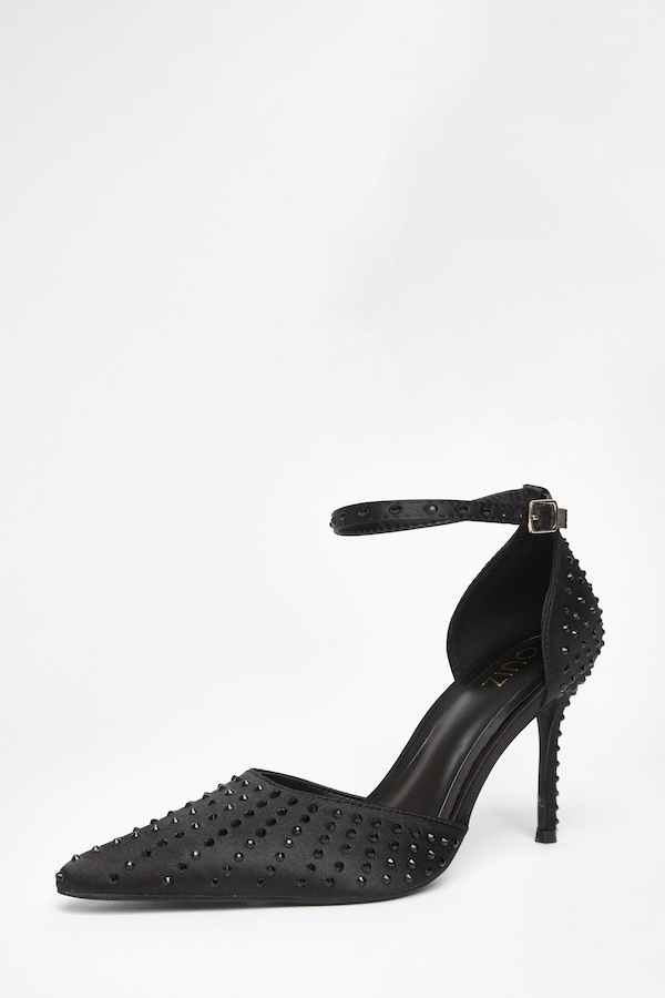 Quiz Black Satin Diamante Court Heels